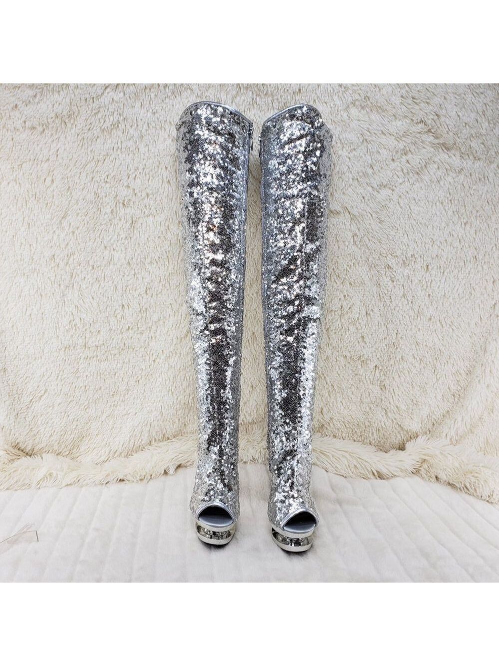 3011 Silver Sequin Open Toe Thigh High Heel Boots Blondie - Picture 15 of 15